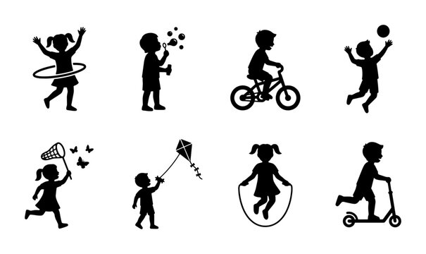 Children Playing Silhouette Icons: Hooping, Bubbles, Cycling, Ball Game, Butterfly Net, Kite Flying, Jump Rope, Scooter Fun