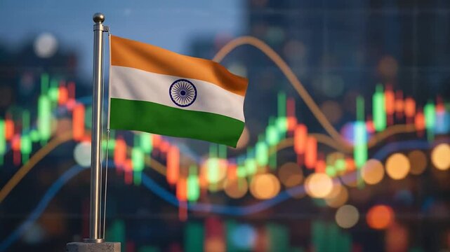 Indian Flag with Stock Market Fluctuations and Data Visualization in the Background