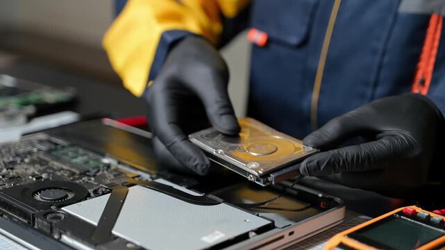 A professional technician skillfully installs a hard drive during laptop hardware repair and data recovery.