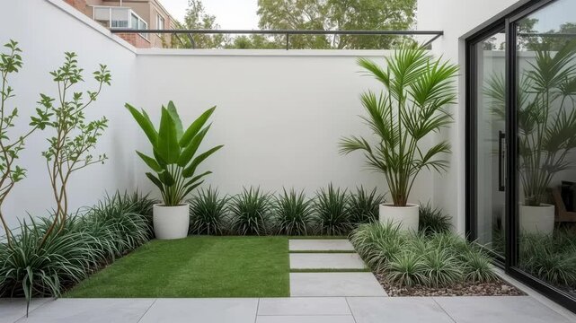 Modern garden patio with tropical palm, green lawn, paved path, white wall and potted plants