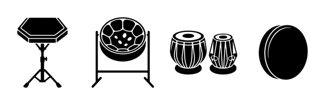 Set of diverse percussion instruments, including steel drums, tabla drums, and a practice pad, vector icons for music and rhythm