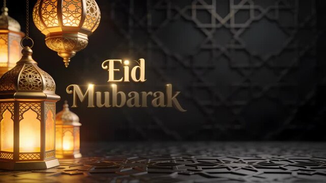 Luxurious Eid Mubarak greeting with elegant golden lanterns glowing against a deep dark background, warm golden light, subtle Islamic geometric patterns