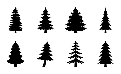 Obraz premium Set of 8 Black Silhouette Christmas Tree Vector Icons, Evergreen Pine Forest Elements, Winter Holiday Decorative Graphics