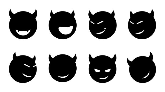Set of 8 Black Devil Face Icons, Evil Grinning Emoticons, Spooky Halloween Symbols, Vector Graphics for Digital Design and Print