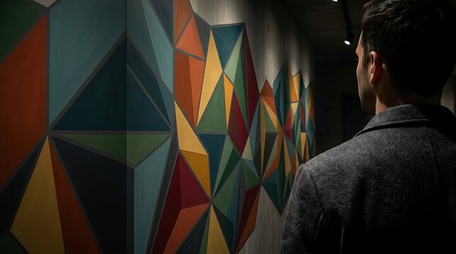 Man looking at colorful geometric wall art in a modern gallery