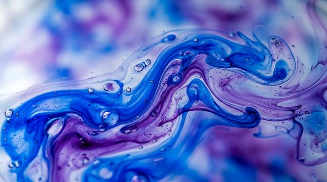 Swirling blue and purple ink in water with clear bubbles