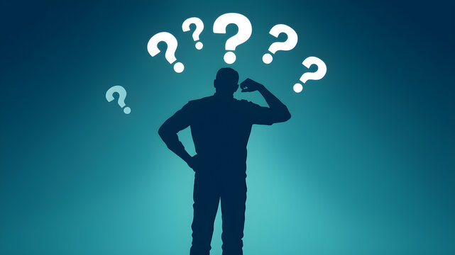 A silhouette of a man with question marks symbolizing uncertainty and exploration.