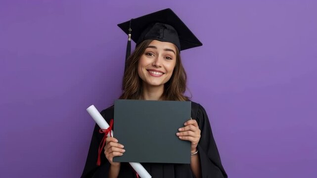 Graduation portrait of smiling woman with diploma and certificate cap and gown, female graduate