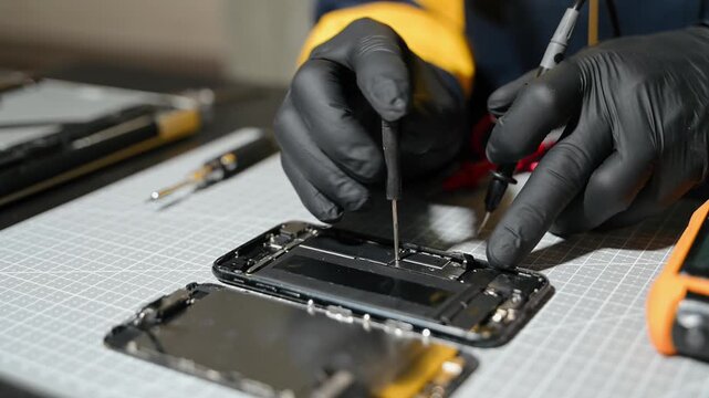 Professional technician repairing a smartphone using a multimeter for circuit diagnostics in an electronics workshop. Ideal for technology, repair service, and engineering