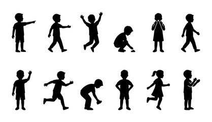 Obraz premium Diverse Children Silhouettes, Vector Icons Set: Playful Kids Poses, Active Childhood Moments, Graphic Elements for Design