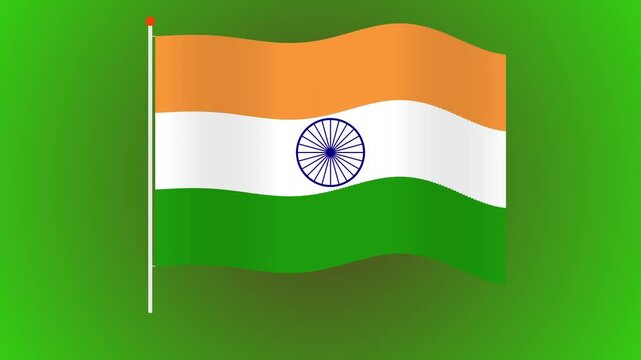 Waving flag of india with saffron white and green colors on a flagpole against a simple green background