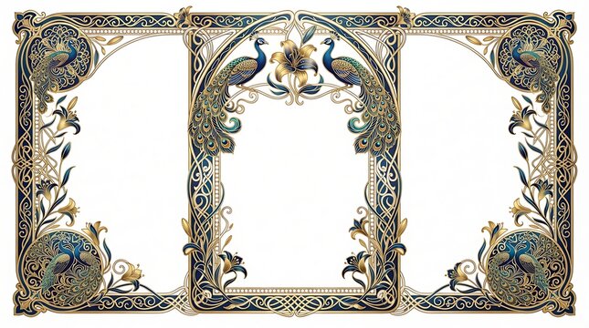 Ornate art nouveau peacock border frame with decorated symmetrical peacock