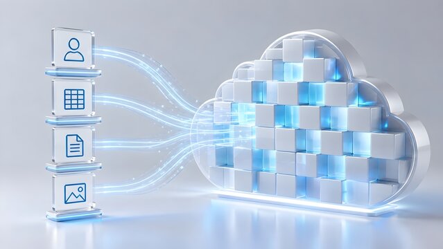 Modern cloud data migration concept showing file types transferring into a glowing digital cloud structure representing scalable web hosting