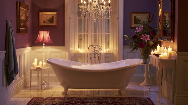 Luxurious bathroom interior featuring a cast iron freestanding bathtub full of bubbles, surrounded by lit candles, creating a calming ambiance