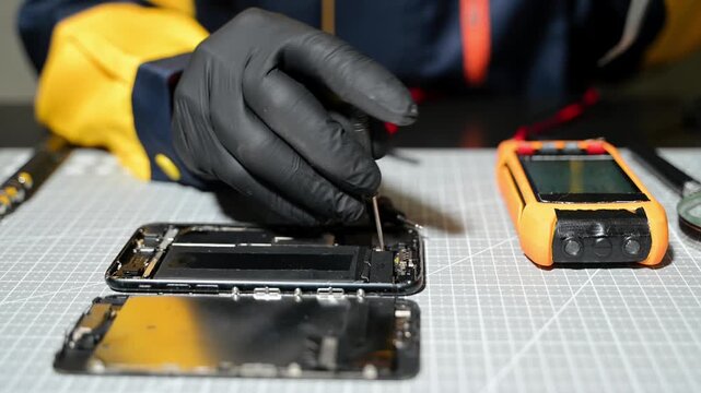 Professional technician repairing a smartphone using a multimeter for circuit diagnostics in an electronics workshop. Ideal for technology, repair service, and engineering
