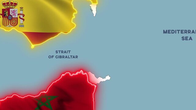 4K animation showing parts of Spain and Morocco with the Strait of Gibraltar between them, illustrating the migration crisis in Ceuta.