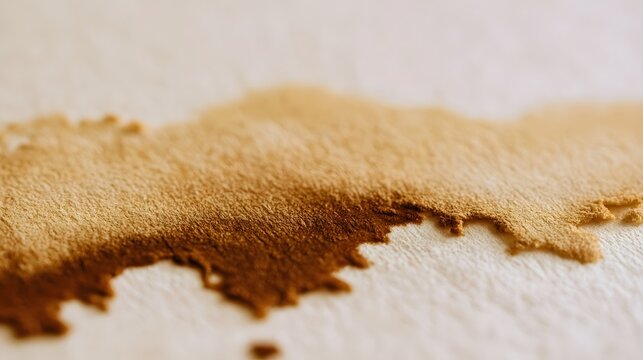 A close up of a brown liquid stain spreading across textured white paper surface with soft focus and natural lighting