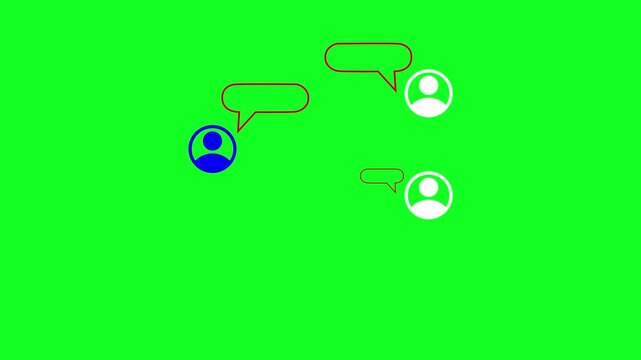 Animation of online chat message exchange with multiple users on a green screen, representing communication and social media interaction.