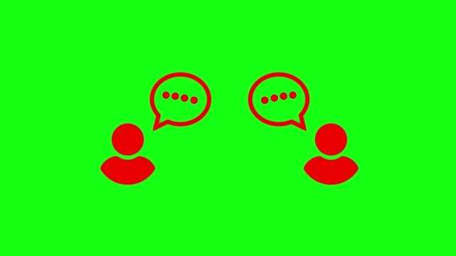 Two people talking icon animation with speech bubbles in red color over green screen background for digital communication.
