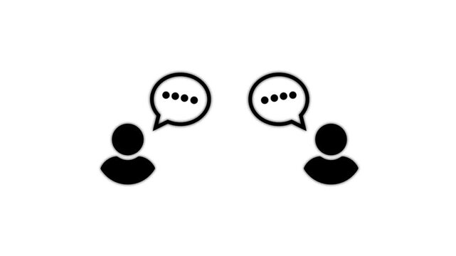 Two abstract human figures with chat bubbles above their heads on clean white background motion graphic symbolizing discussion.