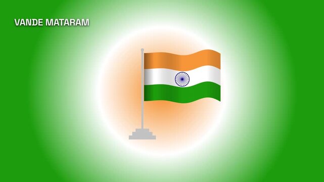 Waving indian flag on a pole with vande mataram text and glowing green background for independence day and republic day celebration of india national pride