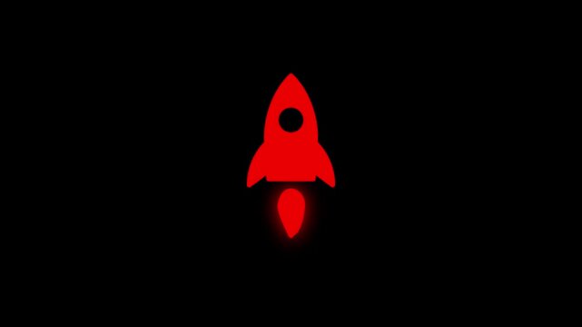 Simple red rocket ship launching upward on black background motion graphic.