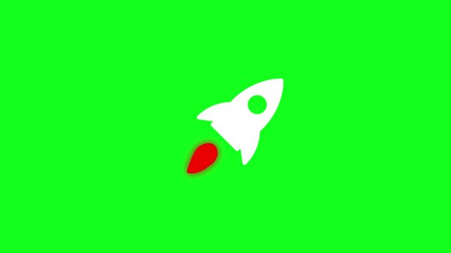 Minimalist white rocket ship animation soaring with red fire plume on bright green screen background for startup concept.