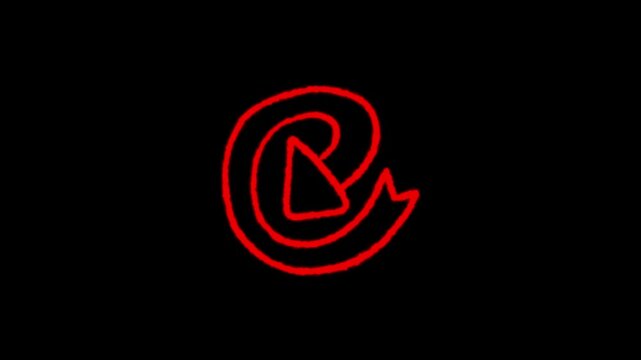 Red glowing neon play button icon with swirling decorative border on black background for digital entertainment projects.