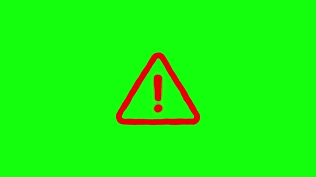 Red warning triangle sign appearing on solid green screen background digital animation for caution alert safety notification.