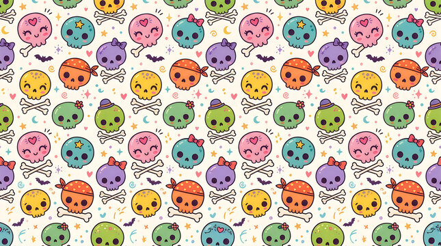 Colorful cute skulls with crossed bones pattern design