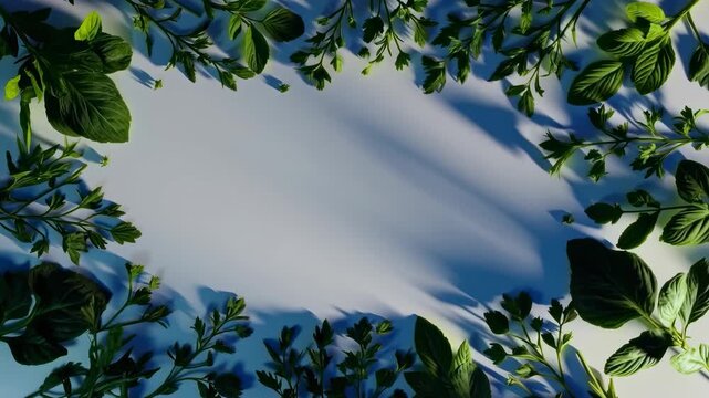 Green leaf frame on white background with fresh herb border and copy space