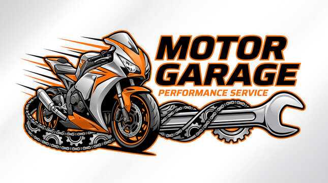 Motor garage emblem features a sports motorcycle and a wrench.
