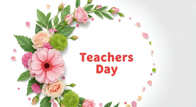 Floral arrangement with text Teachers Day greeting pink and green botanical composition