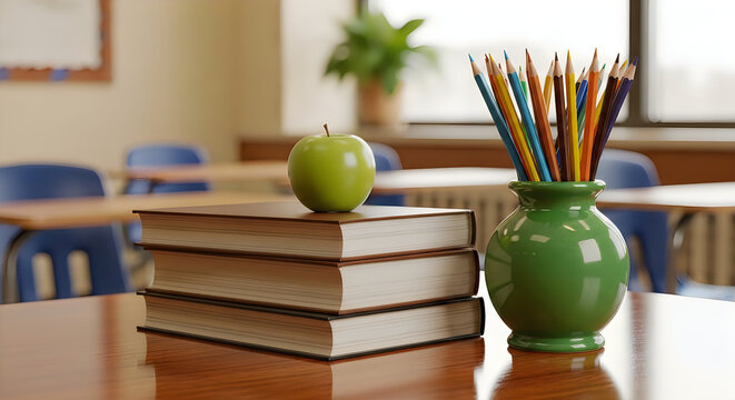 School supplies with books and a green apple on a wooden desk in a classroom