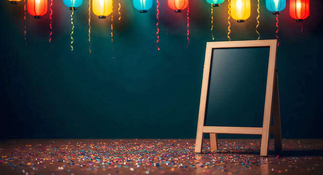 Empty chalkboard with colorful paper lanterns and confetti celebration background