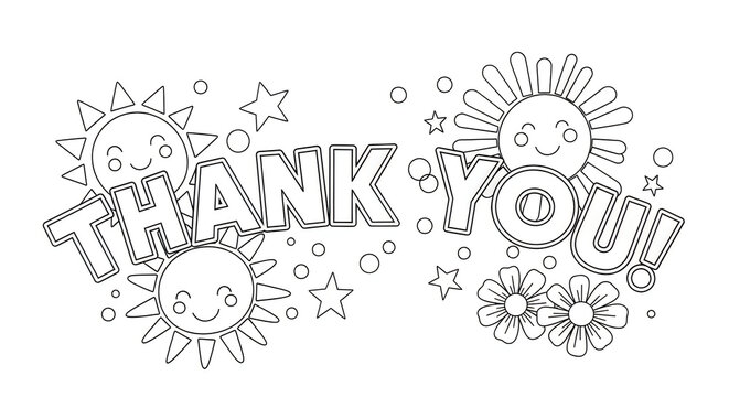 Thank you message with smiling suns stars flowers and lettering in black and white outline