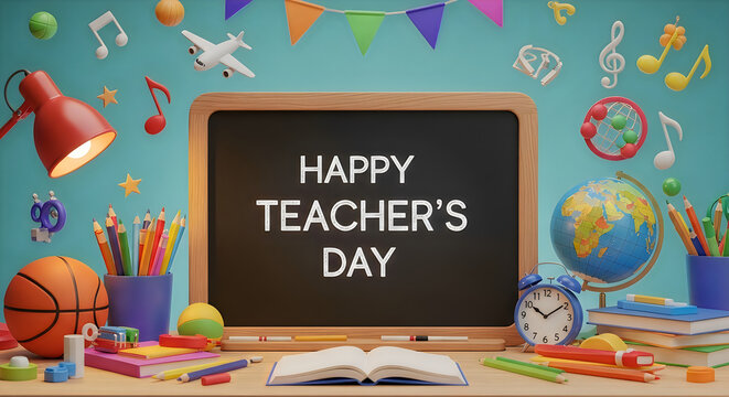 Happy teachers day background with school supplies and a chalkboard illustration