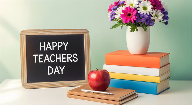 Happy Teachers Day message on chalkboard with books apple and flowers