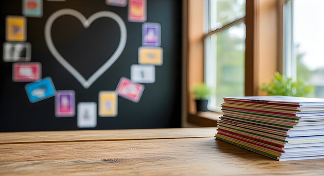 Heart shaped magnetic board with colorful notes and stack of papers on wooden desk