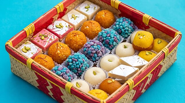 A colorful gift box filled with traditional indian sweets for celebrating the festive occasion of happy diwali