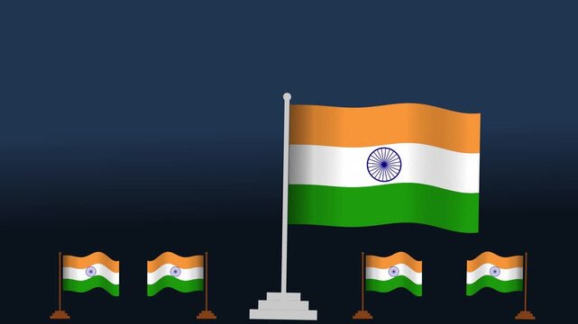 National flag of india waving on a pole with small decorative flags on a dark blue background representing patriotism and national pride for the country
