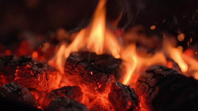 Burning Charcoal Embers with Bright Orange Flames and Sparks
