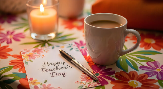 Cozy still life with coffee mug lit candle and teachers day card on floral tablecloth