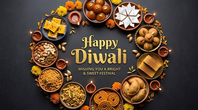 A festive circular frame of traditional indian sweets and oil lamps wishing everyone a very happy diwali