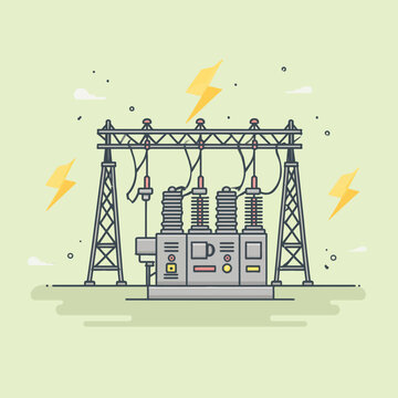 Electrical substation with transformer and lightning bolts
