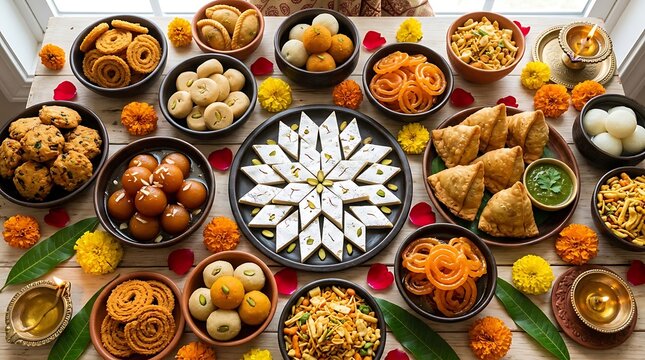 Top view of traditional indian sweets and snacks arranged for a festive happy diwali celebration feast