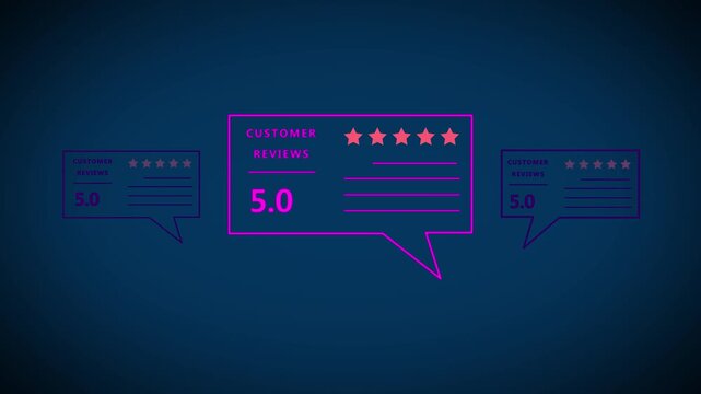 5-star customer review rating animation with glowing speech bubbles for e-commerce and business feedback