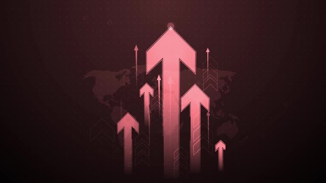 Abstract business growth concept with rising arrows over a world map background animation, Rising arrow progress success and global financial increase.