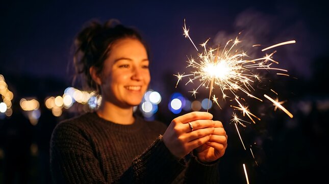 A smiling young woman holding a glowing sparkler at night to celebrate the beautiful festival of happy diwali