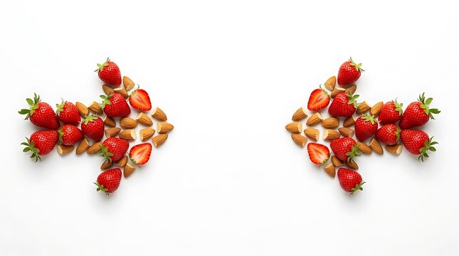 Two arrows made of fresh red strawberries and nuts arranged for a creative happy diwali festival background